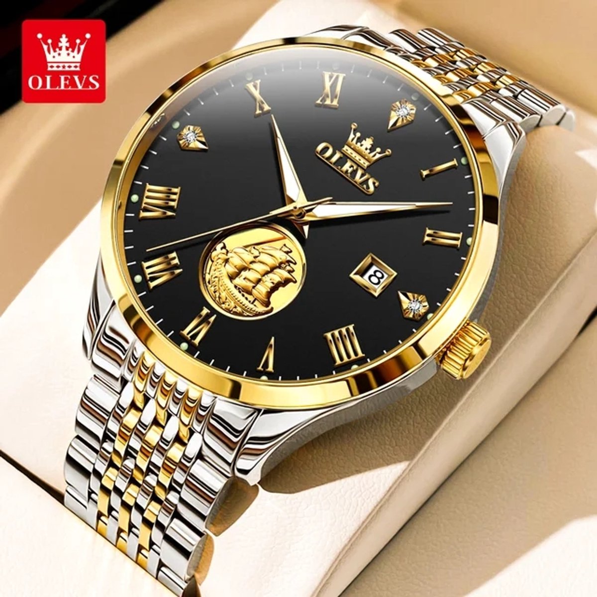 HO-6696.gz-zw : Olevs 3 master zeilschip, goudzilverkleurig automatisch-mechanisch edelstaal heren horloge, zwarte wijzerplaat, 3BAR, tourbillon, luminiscerend