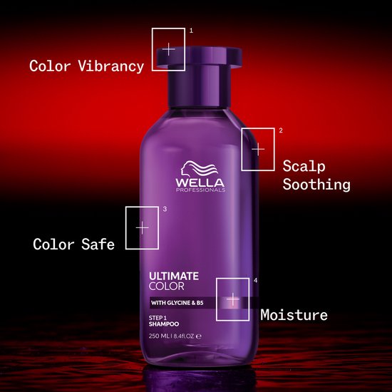 Paarse fles Wella Professionals Ultimate Color shampoo met labels voor kleurbehoud.