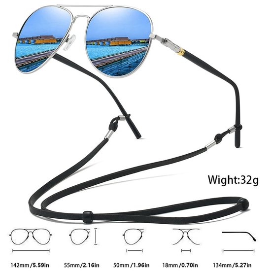 Blauw lens Piloten Zonnebril | Aviator Zonnebril | Retro & Classic Bril | Festival , Rave Bril | Carnavalsbril | Zonnebril Dames & Heren | Spiegelende blauwe lens | Zilver / Zwart montuur | Trendy Party & Outdoor Bril + brillen koord , sleeve & doek — afbeelding 2