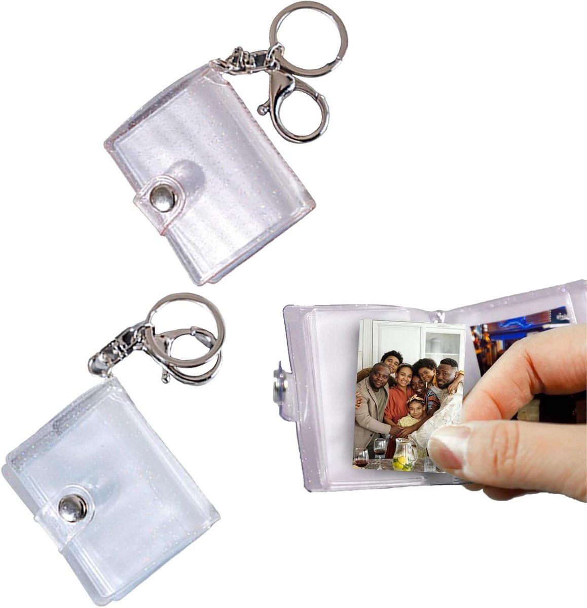 Mini-fotoalbum met karabijnsluiting en sleutelring, 32 vakken, gepersonaliseerd (glanzend roze/wit)