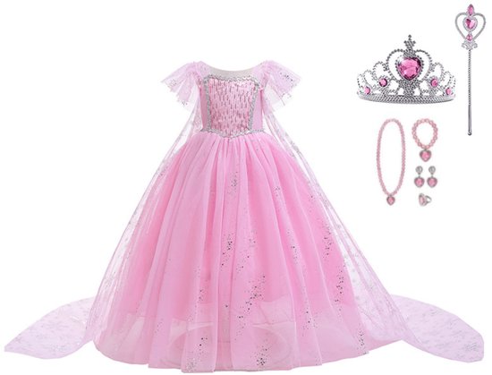 Princess Dress Girl - Jouets - Robe Elsa - Rose - Taille 110/116 (120) - Kroon - Baguette Magique - Gants - Bijoux