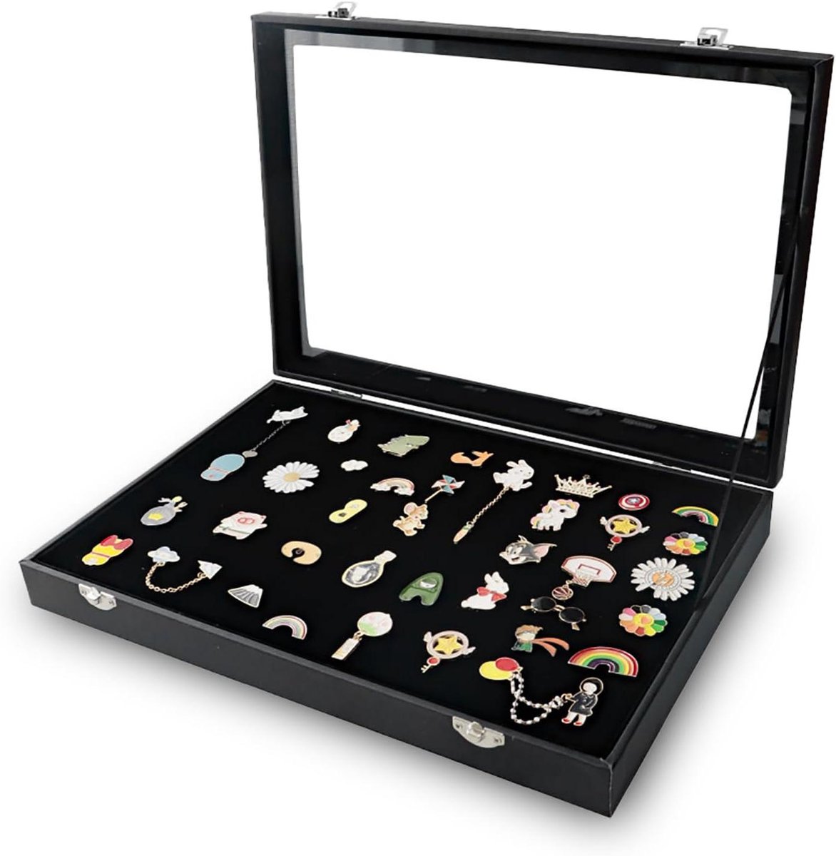 Vitrine voor pins en sieradencollectie - Grote capaciteit - Stofdicht - Transparant glas - Kunstleder - Pu-leer - 35 x 24 x 5 cm