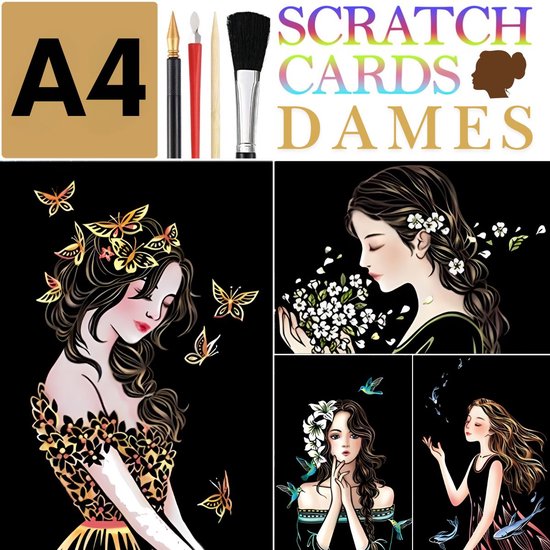 Ainy - Scratch Art Dames (A4) | 4 krastekening incl. gereedschappen | Kras tekeningen | Schilderen op kleuren kunst kraskaart | hobby & creatief voor volwassenen en kinderen (meisjes) | Knutselen - ontspanningspakket | DIY schilderijen