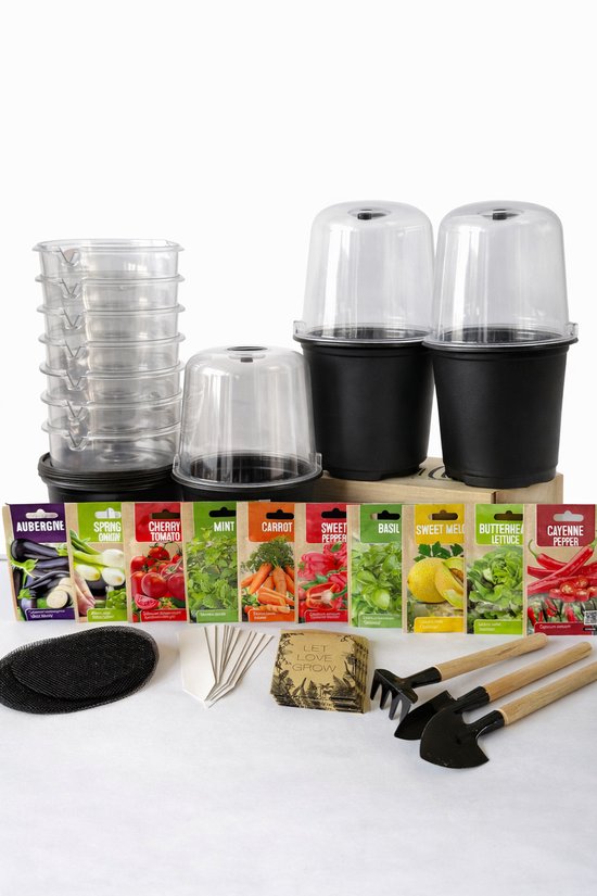 Moestuin Starterset – 10 Kweeksetjes met 10 Soorten Zaden – Inclusief Mini Tuinset & Bewaarzakjes