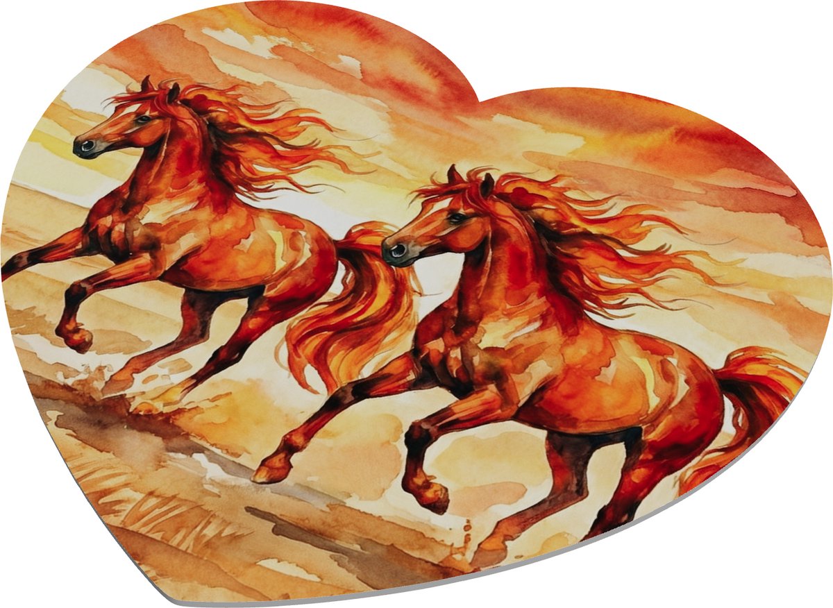 Hartvormige Muismat Aquarel Series - Twee Prachtige Galopperende Vuurpaarden in Zonsondergang - Warme Oranje Paardenkunst Bureau Decoratie Werkplek voor haar: Vriendin & Collega - Uniek Vrouwen Cadeau Kantoorartikelen Dierenvriend