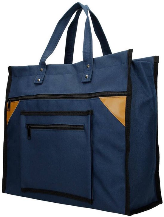 Sac cabas bleu marine avec accents marron, plusieurs poches zippées et anses.
