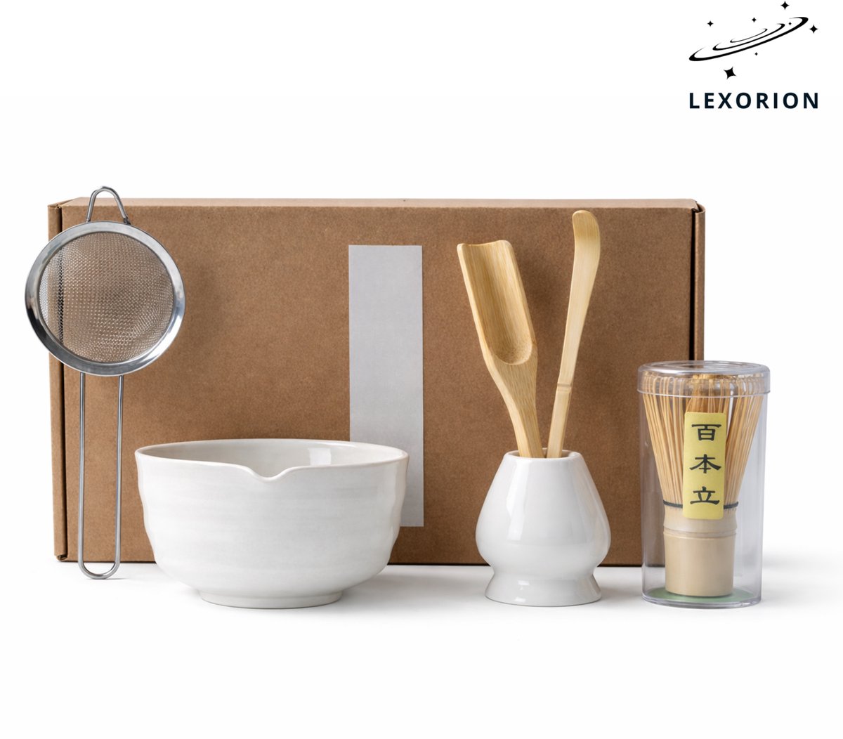 Lexorion Premium Matcha Set – 6-Delige Japanse Matcha Theeceremonie Set met Keramische Kom met Schenktuit, Bamboe Klopper & Lepel, RVS Zeef, Klopperhouder en Cadeaudoos – Wit