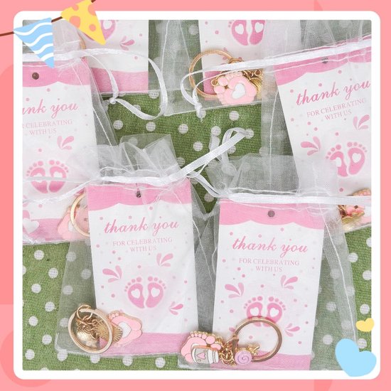 6 Sets Babyshower Uitdeelcadeaus Rotsleutelhanger met Organzazakjes en Bedankkaartjes — afbeelding 3