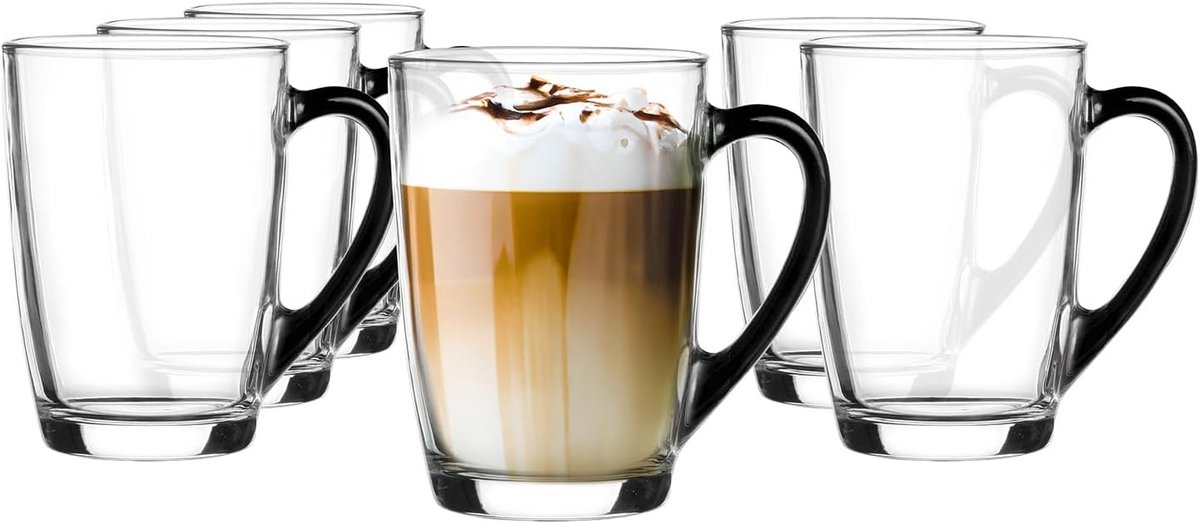 Set van 6 Koffieglazen met Hendel 300ml Stevig Hoge Glans Zwart Handvat Vaatwasmachinebestendig