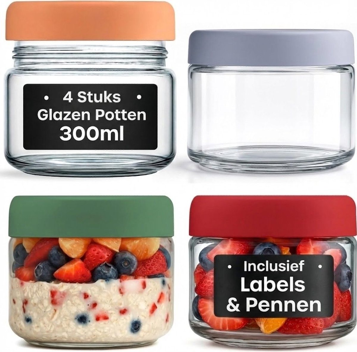 SNJY® Overnight Oats Potjes - Glazen Potjes met Deksel - Mason Jar - Weckpot - 4-Pack 300ml - Transparant