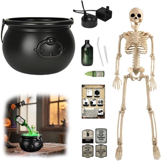 Heksenketel met skeletvorm, Halloween decoratie, drijvende drankflessen