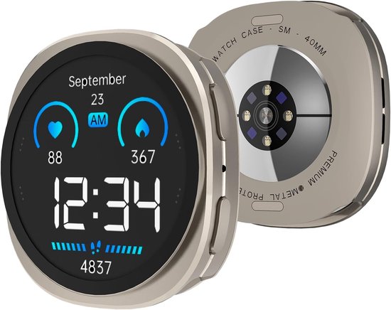Zilverkleurige metalen smartwatch case met digitale wijzerplaat die datum, tijd, hartslag, stappen en calorieën weergeeft.