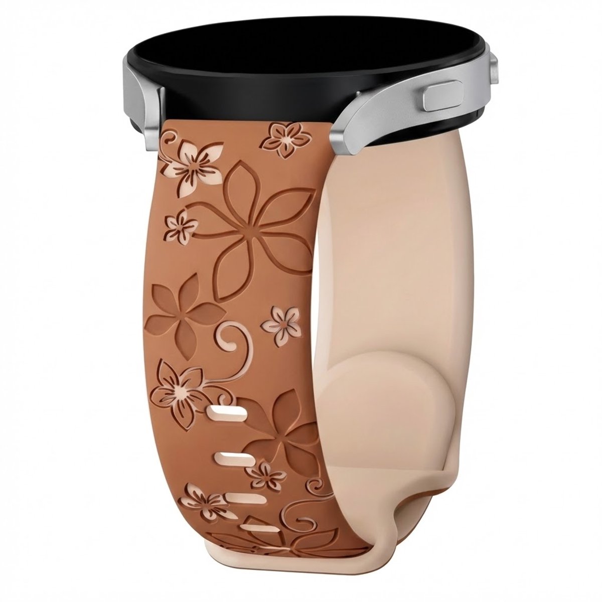 Bruin melkthee silicone horloge band dames geschikt voor 22mm Geschikt voor serie samsung galaxy watch 3 (45 mm) / Galaxy Watch 46 mm horloge – bloemen patroon horlogeband – two tone floral engraved design
