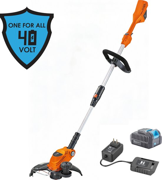 Oranje grastrimmer met 40V-accu, lader en 'One For All 40 Volt' schildlogo.