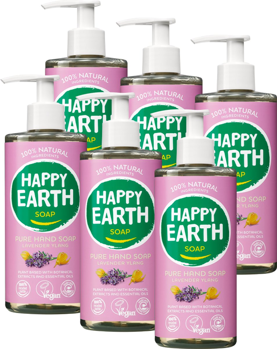 Happy Earth Bundel Handzeep Lavender Ylang - 100% Natuurlijke Ingrediënten – Antibacterieel – Plantaardige Formule - 0% SLS/SLES of parabenen – Heerlijke Geur – 6 x 300 ml – Voordeelverpakking