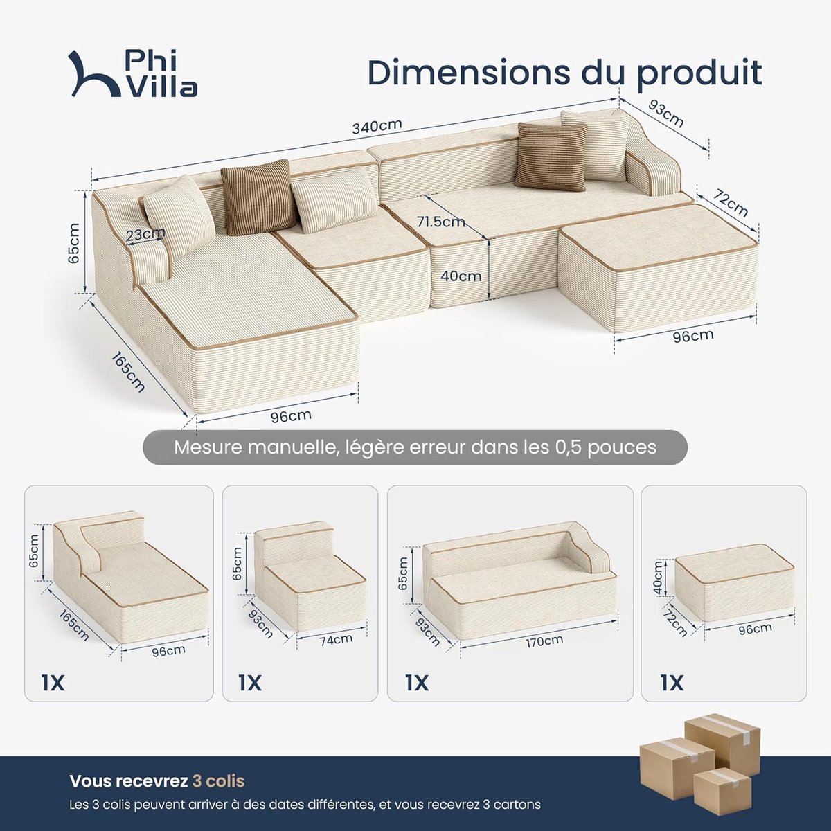 U-Vormige Modulaire Hoekbank met Slaapfunctie 340x165x65 cm – Boneless Cloud Sofa met Corduroy Bekleding, Diepzittend Comfort, 6-Zits, Beige – Abkantoor