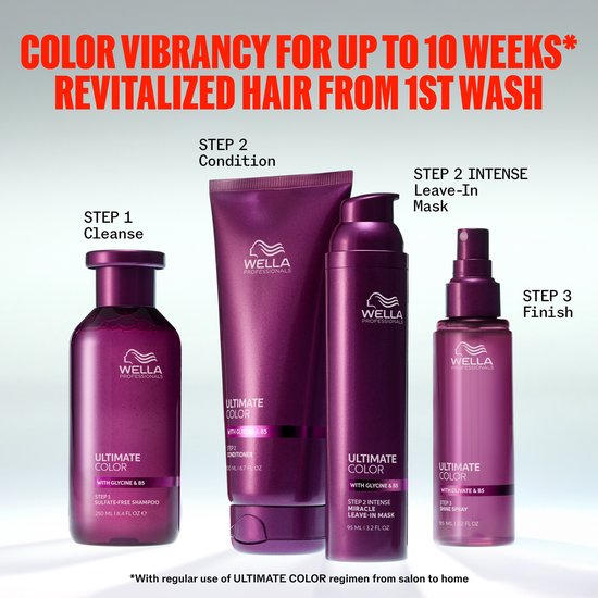 Wella Professionals Ultimate Color haarverzorgingslijn: shampoo, conditioner, leave-in masker en shine spray in paarse verpakkingen.