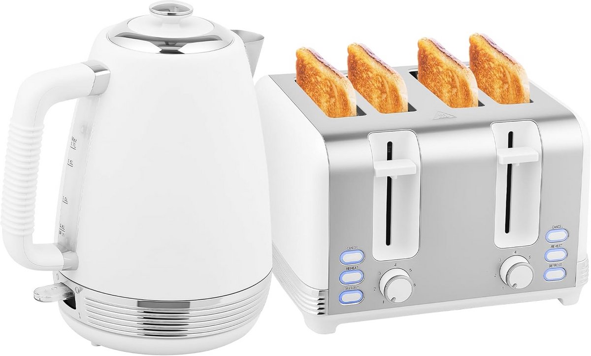 Waterkoker en Broodrooster Set Wit RVS - 4 Sleuven en 1.7L Ketel