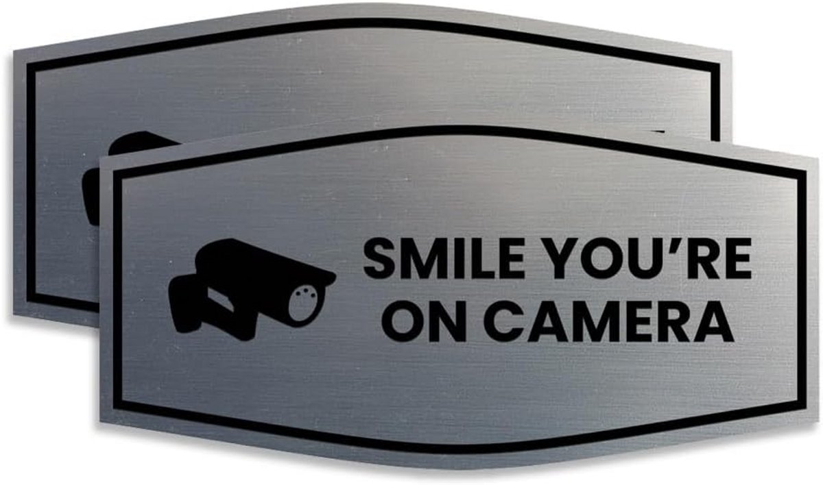 Set van 2 Camera Toezicht Borden - Smiley Lach, U Wordt Gefilmd - Zilver
