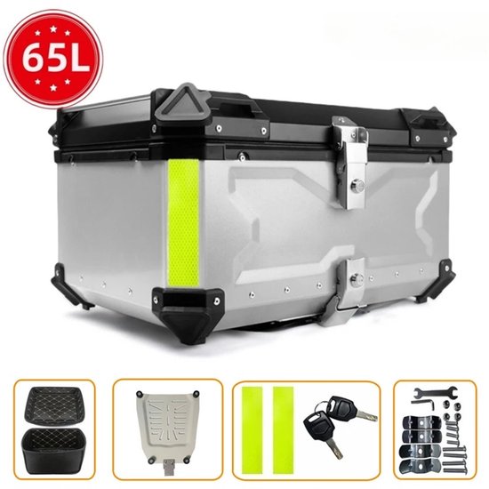 NaevaMi Topkoffer - Motor - 65L - Aluminium - Motorfiets Kofferbak Helm – Motor Bagagebak - Motor Topkoffer - Motor Transport - Waterdichte Bagagekoffer met Snelsluiting en Schokabsorptie – Rugkussen voor extra zitcomfort - 44 × 58 × 35 cm - Zilver
