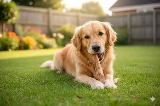 Een golden retriever die op een houten tak kauwt in het gras onder de zon.