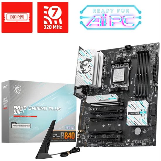 MSI B840 Gaming Plus WIFI moederbord met koelers, DDR5-logo, met logo "7 320 MHz" en "READY FOR AI PC".