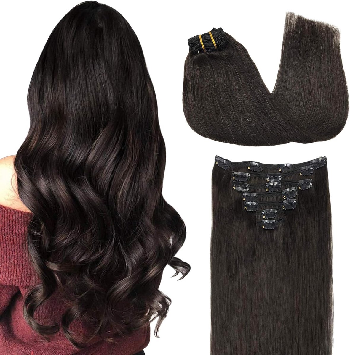 Clip-in Haarverlenging Echt Haar 7 Delen 55 cm Golfdicht Donkerbruin