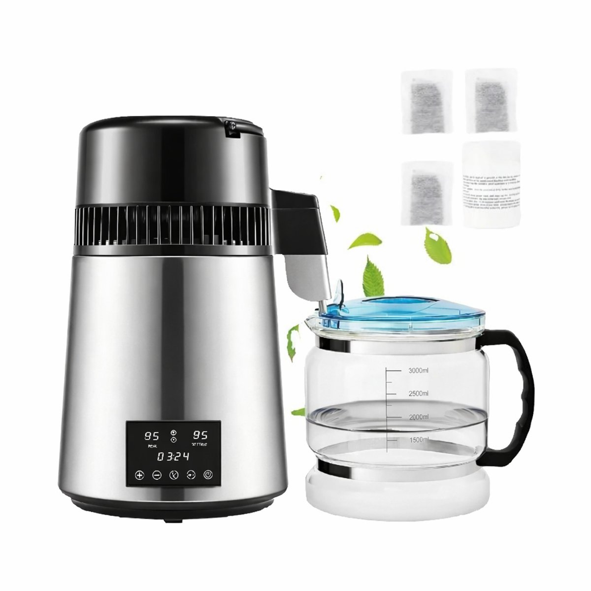 Waterdestilleerder 4L – Waterdistilleerder – Gedestilleerd Water Maker – Aanrecht Waterzuiveraar – 750W – 1L per Uur – RVS 304 – Glazen Kan 3,9L – Dual Temperatuur Display – Timer 0-99u – Oververhittingsbeveiliging – Thuis & Kantoor