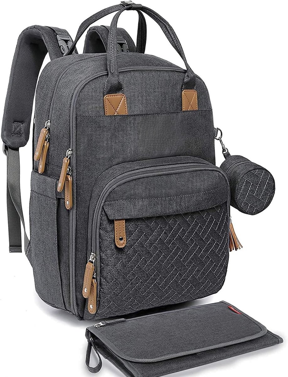 RUVALINO Babycommode Rugzak Luiertas Rugzak Met Draagbaar Verschoonkussen, Fopspeenhouder En Kinderwagenriemen, Babytas Multifunctioneel Voor Mama En Papa, Donker grijs