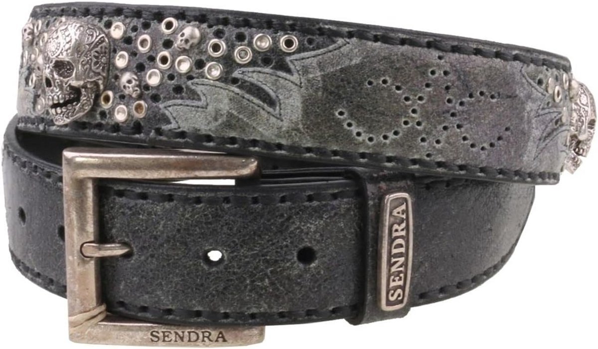 Grijze Leren Heren Riem met Doodskop Decoratie - Verwisselbare Gesp
