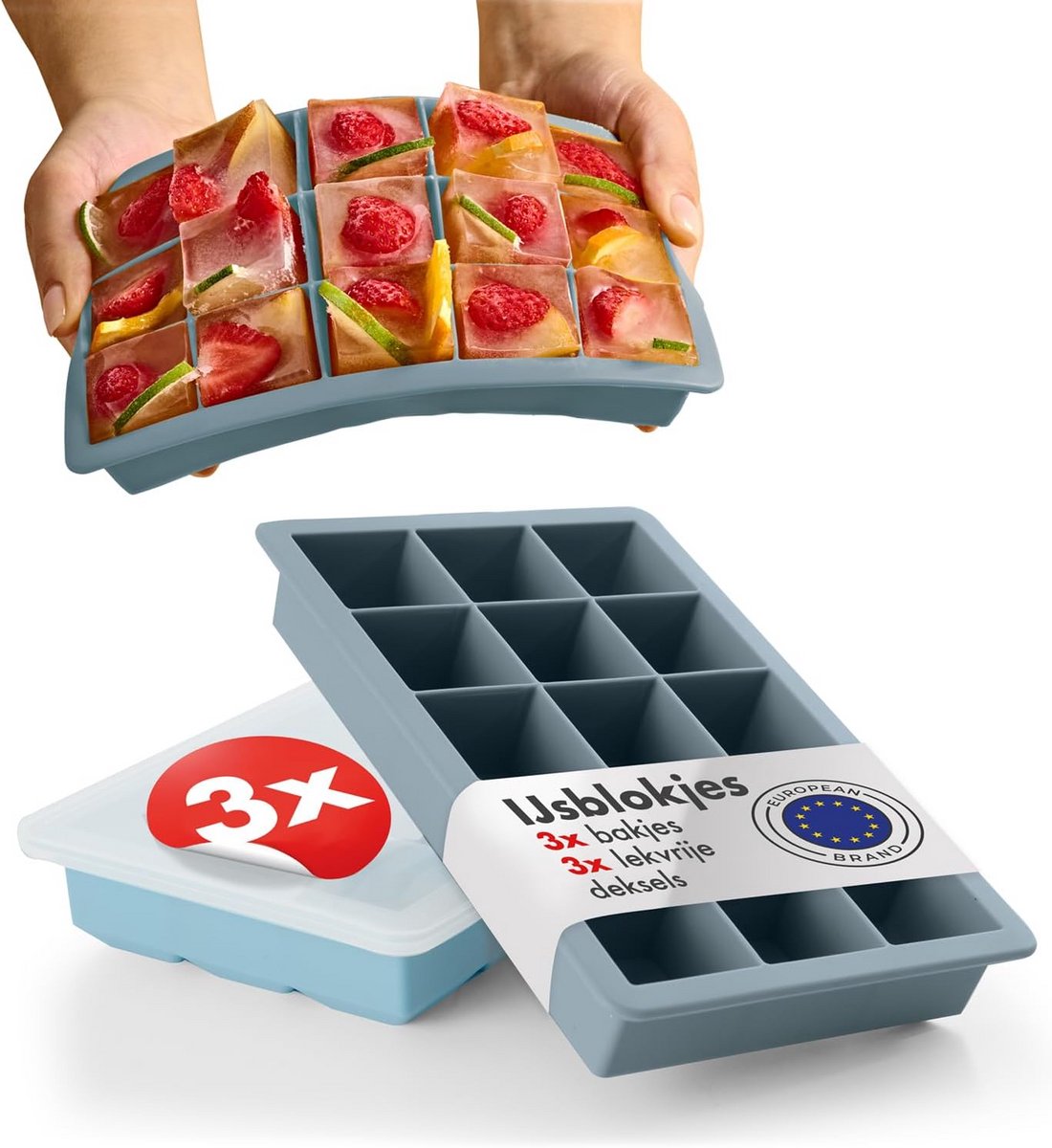 Set van 3 IJsblokjesvormen van Siliconen met Deksel - BPA-Vrij en Herbruikbaar