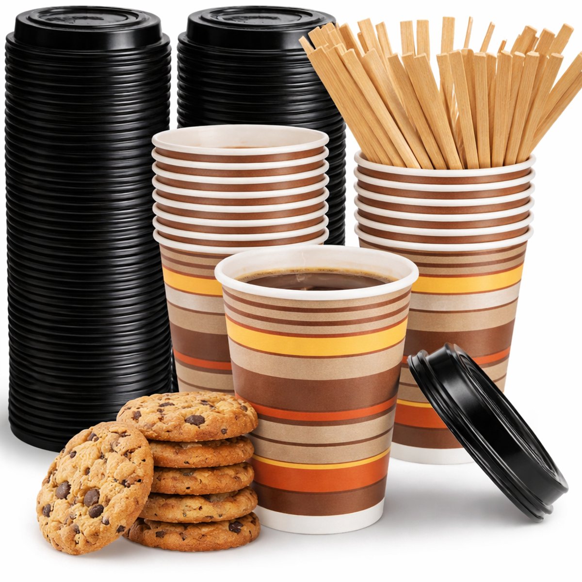 100 x Koffiebeker 240cc 8oz Ø80mm karton gestreept + deksels + roerstaafjes/ Drinkbekers, Karton "To Go" 0,2 l Ø 8 cm · 9,2 cm/ wegwerp papieren bekers karton – drank bekers – drinkbekers- koffie beker – Koffiekopjes - Warme en Koude Dranken