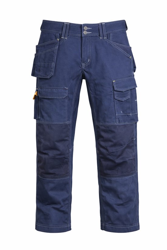 Pantalon de travail Snickers bleu marine avec poches genouillères et holster, et contrastes sur les jambes.