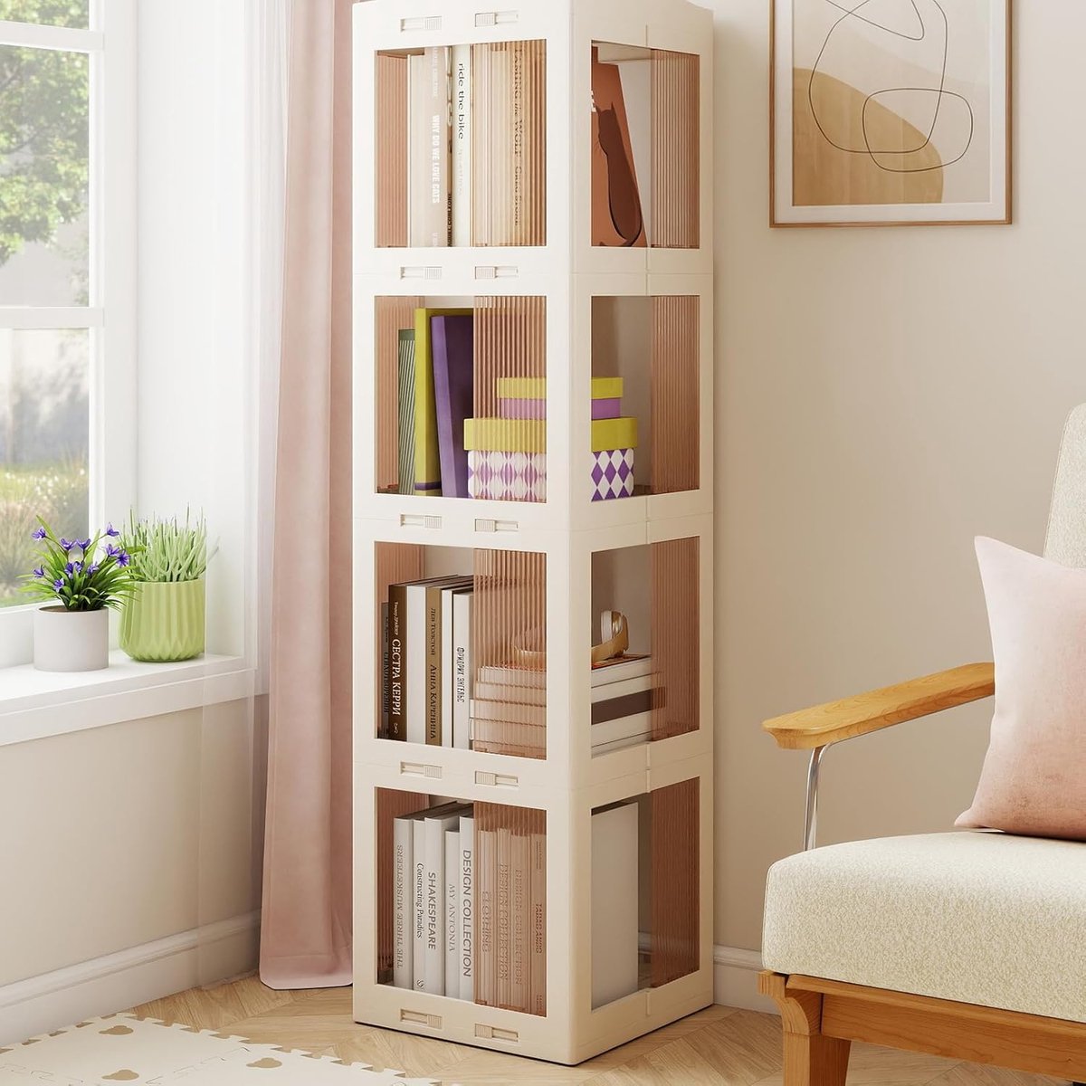 Azomor® 360° Draaibare Boekenkast – 3-Laags Staand Opbergrek – Transparante Panelen – Ruimtebesparend – Wit – 36,5 x 36 x 141,5 cm
