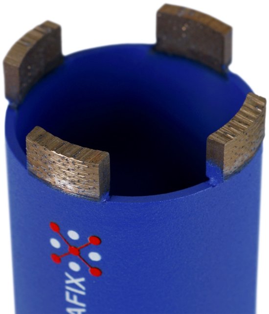 Blauwe kernboor met de DIAFIX logo en vier zichtbare diamantsegmenten aan de rand.