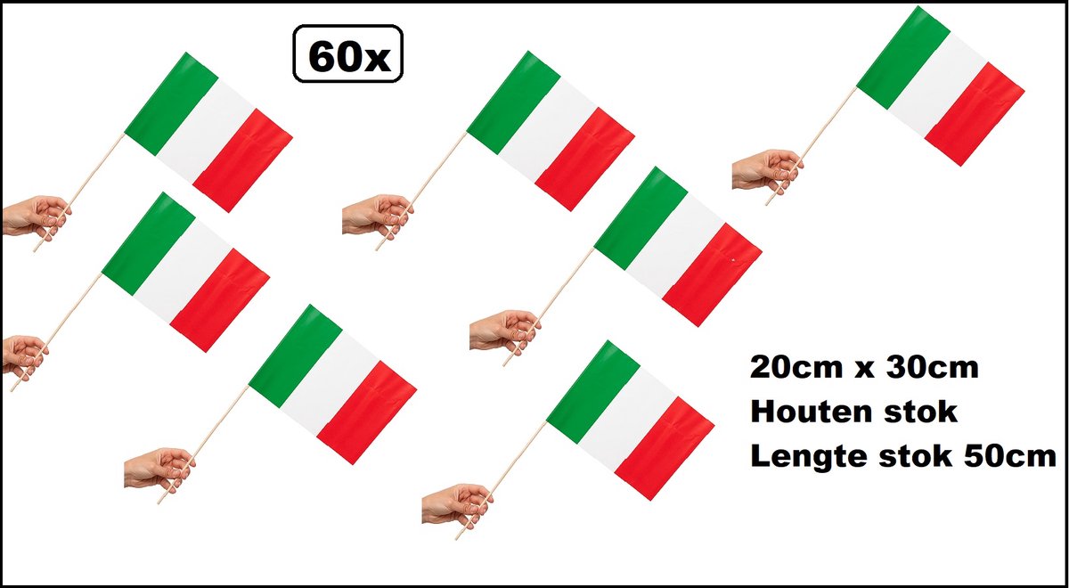 60x Luxe Zwaaivlaggetjes op stok Italie 20cm x 30cm - lengte stok 50cm - Zwaai vlaggetjes EK WK thema feest voetbal festival uitdeel Italiaans