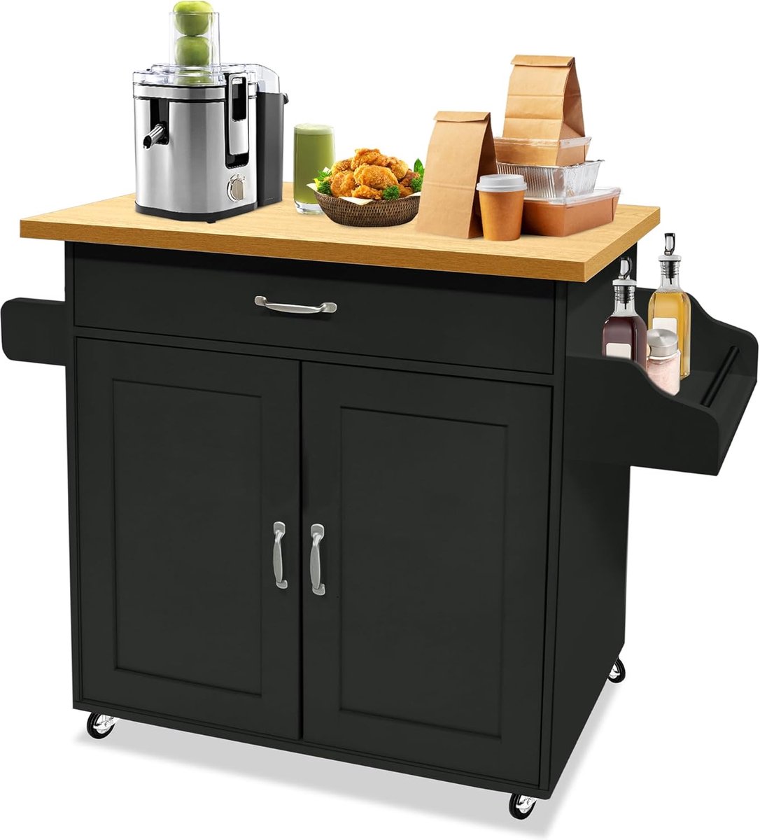 115x36x90cm Verplaatsbare Keukeneilanden MDF Werkblad Keukenwagen Met Wielen, Lade, Legplank, Handdoekhouder & Kruidenbord Rollwagen Belastbaar Tot 50KG Eetwagen Voor Feest (Zwart) NAIZY
