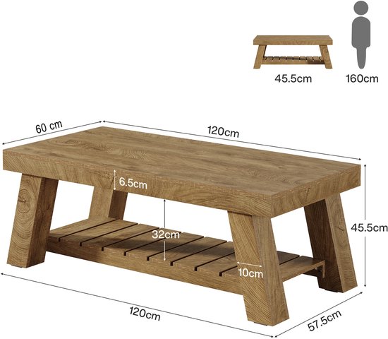 Afmetingen van de bruine houten salontafel: 120cm lengte, 60cm breedte, 45.5cm hoogte. Twee open opbergruimtes.