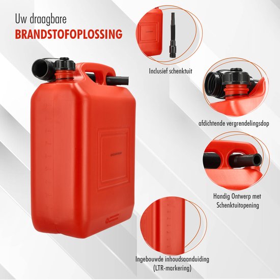 Jerrycan 10 Liter Rood – Set van 3 – UN-gekeurde Brandstof Jerrycans Voor Benzine en Diesel – Inclusief Lange Schenktuit en Vulslang – Lekvrije Kunststof Benzinetank jerrycan