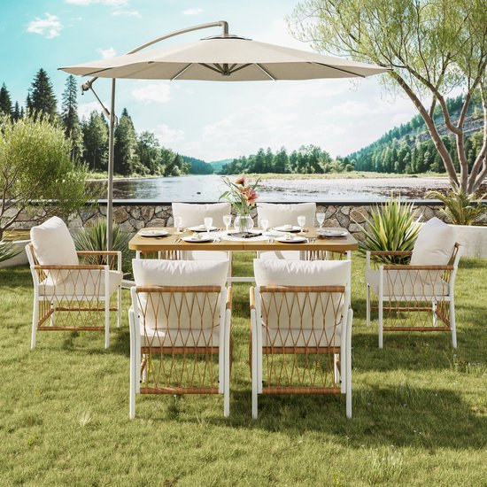 OKWISH Tuinmeubelset 7 Delig 159,5 X 77,5 X 75 Cm - 1 Tafel 6 Stoelen Met Kussens - Rotan Look - Ijzer Polyester - Beige