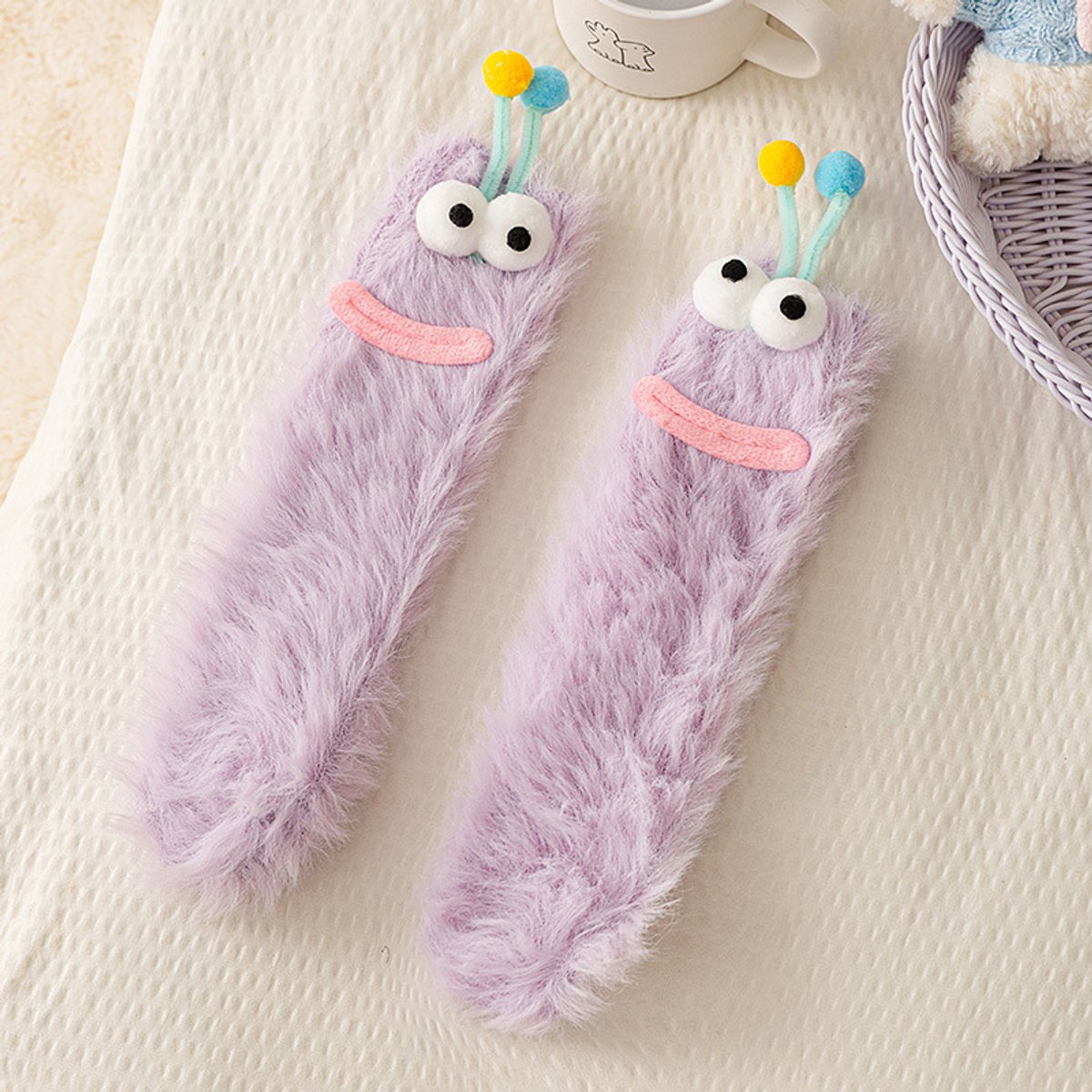 Kraftverdia Sokken Dames 3D Monster Sokken Slaapsok Fuzzy Grappige Sokken Casual Katoenen Sokken One Paars