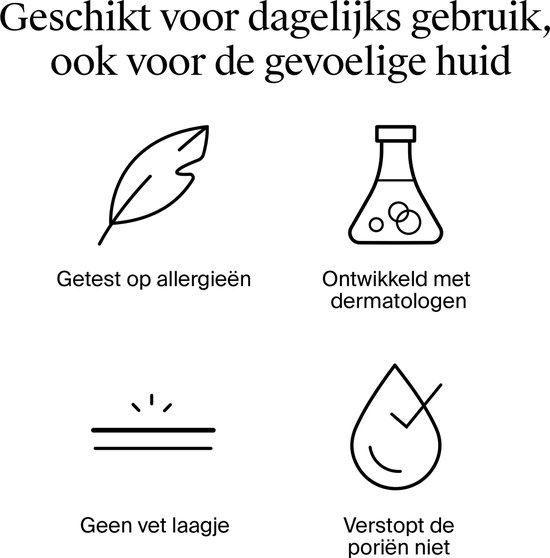 Pictogrammen: veer (getest op allergieën), kolf (ontwikkeld met dermatologen), huid (geen vet laagje), druppel (verstopt poriën niet).
