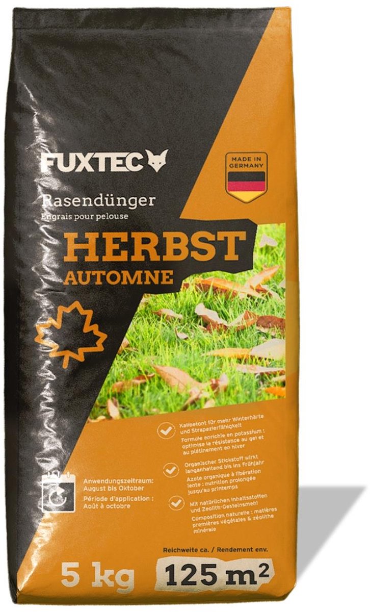 FUXTEC gazonmeststof voor de herfst FX-RDH5, kalimeststof 5 kg voor maximaal 125 m², gazonmeststof voor vorstbescherming, dicht gazon & voedingsstoffenvoorziening in de herfst