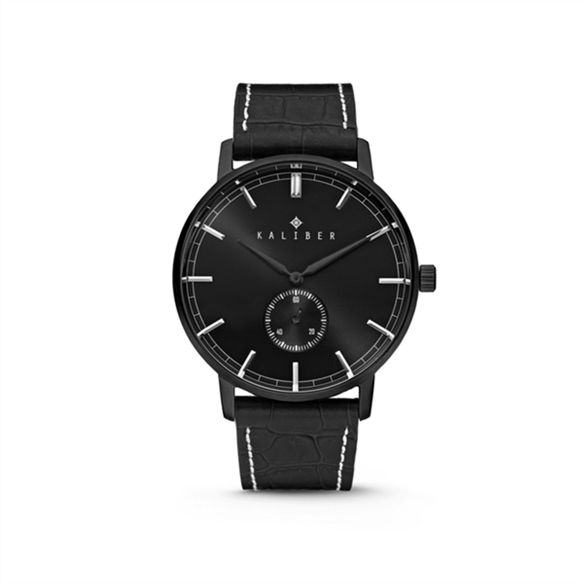 Kaliber 7KW-00006 - Stalen Horloge met Leren Band - Zwart - 40 mm