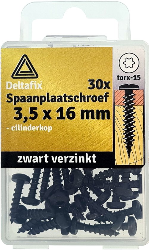Doosje met 30 zwarte Deltafix spaanplaatschroeven, 3,5 x 16 mm, cilinderkop, verzinkt, torx-15.
