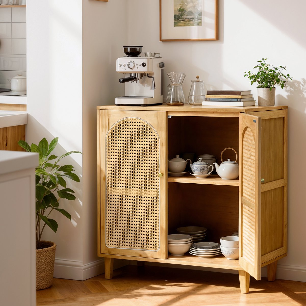 unho Opbergkast - Dressoir van Bamboe – 2 Deuren – Verstelbare Plank – Keukenkast & Sideboard – Voor Woonkamer, Eetkamer & Hal – 75x39x82 cm – Naturel