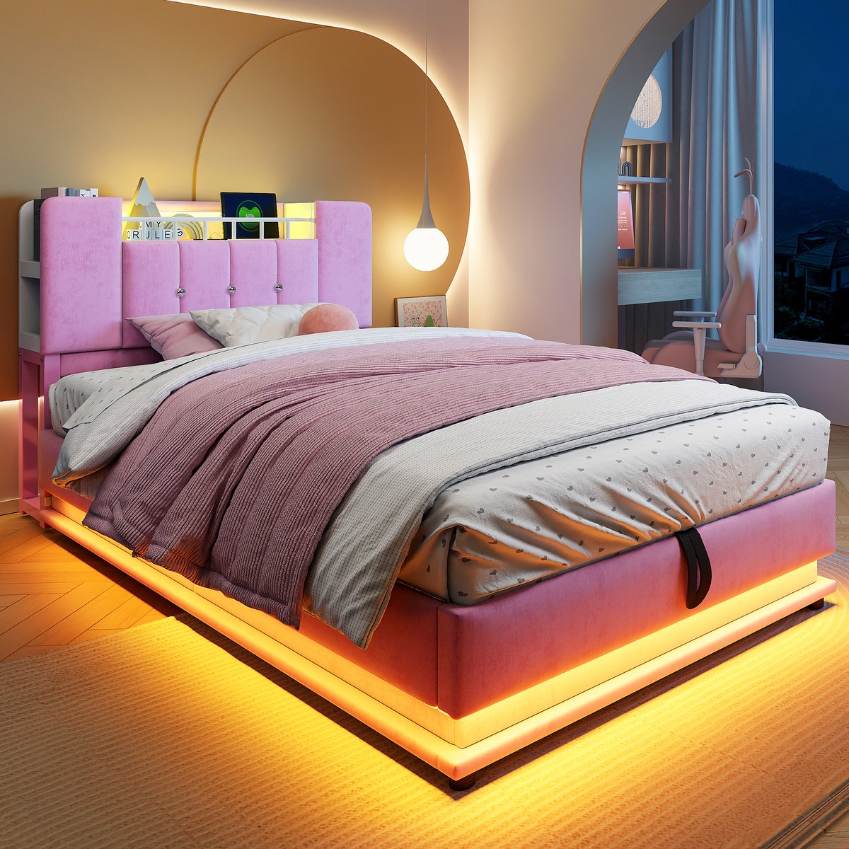 REDOM kinderbed 90x200 cm – Fluweel roze – LED, USB, hydraulische opbergruimte, metalen lattenbodem – 150 kg