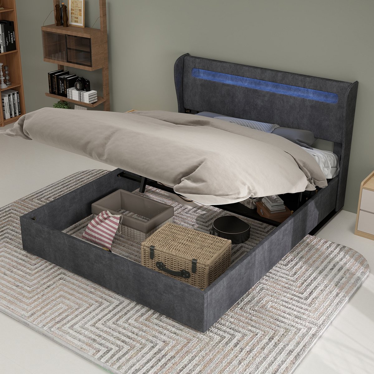 REDOM gestoffeerd bed 140x200 cm – Stof + metaal grijs – Verstelbaar hoofdbord, LED – 2 pakketten