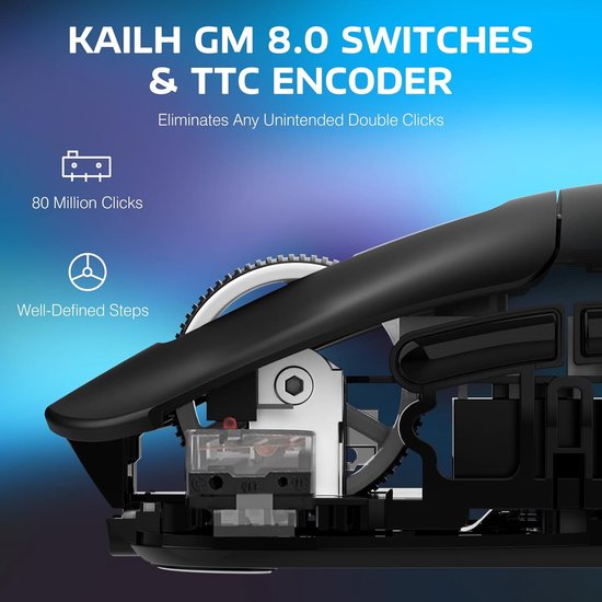 Gedetailleerd interieur van een zwarte muis die de Kailh GM 8.0 schakelaars en TTC-encoder toont.