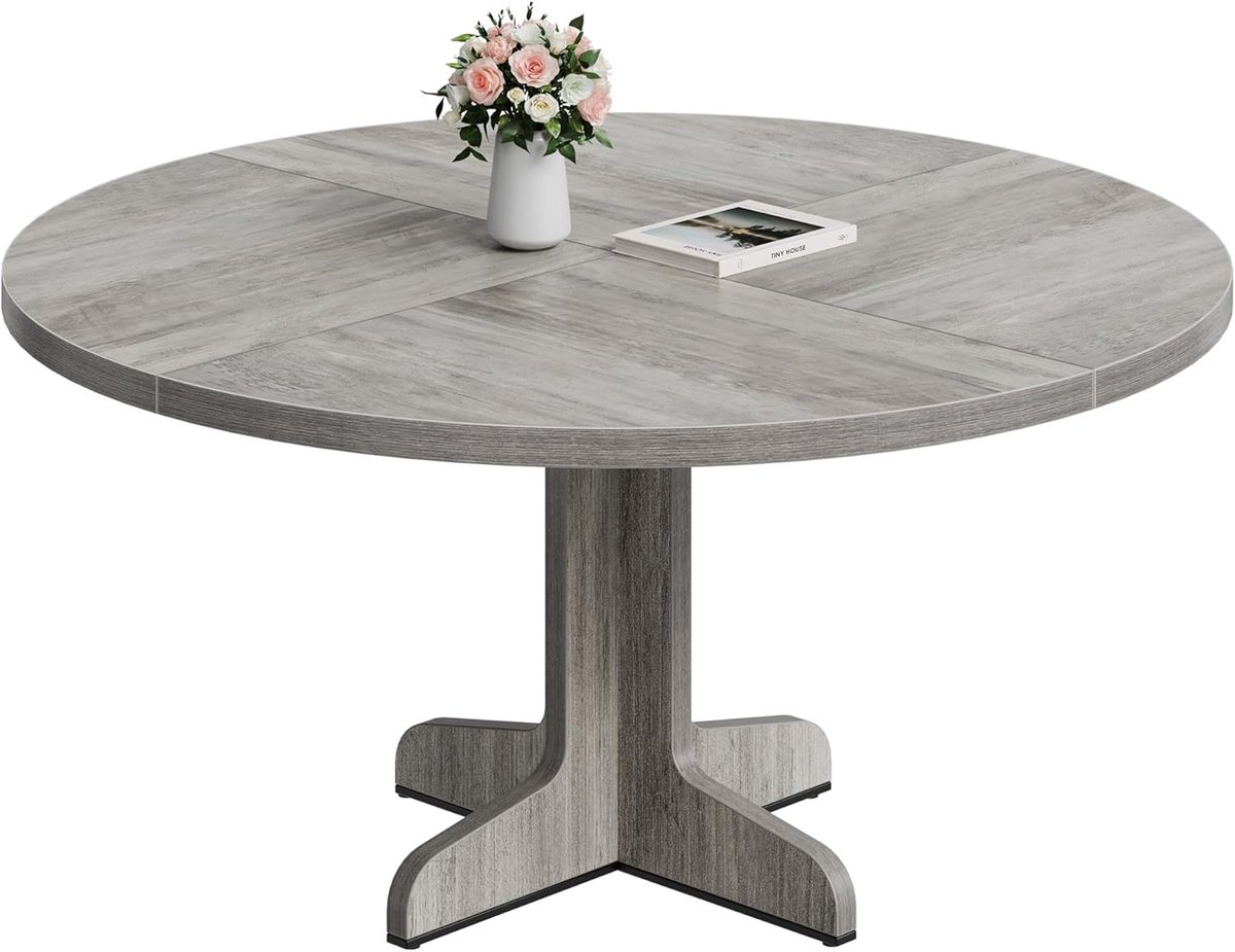 Eettafel rond 120 cm voor 4 personen - zwarte ronde eettafel met houten kruisvoet - 120x120x76 cm keukentafel - alleen tafel - Grijs
